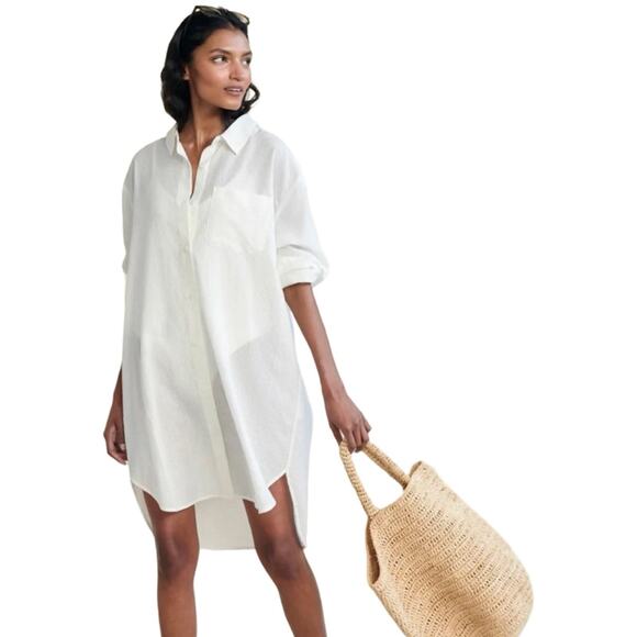 Jenni Kayne Ivory Oversized Beach Shirt Dress XXL Sheer Cotton Blend